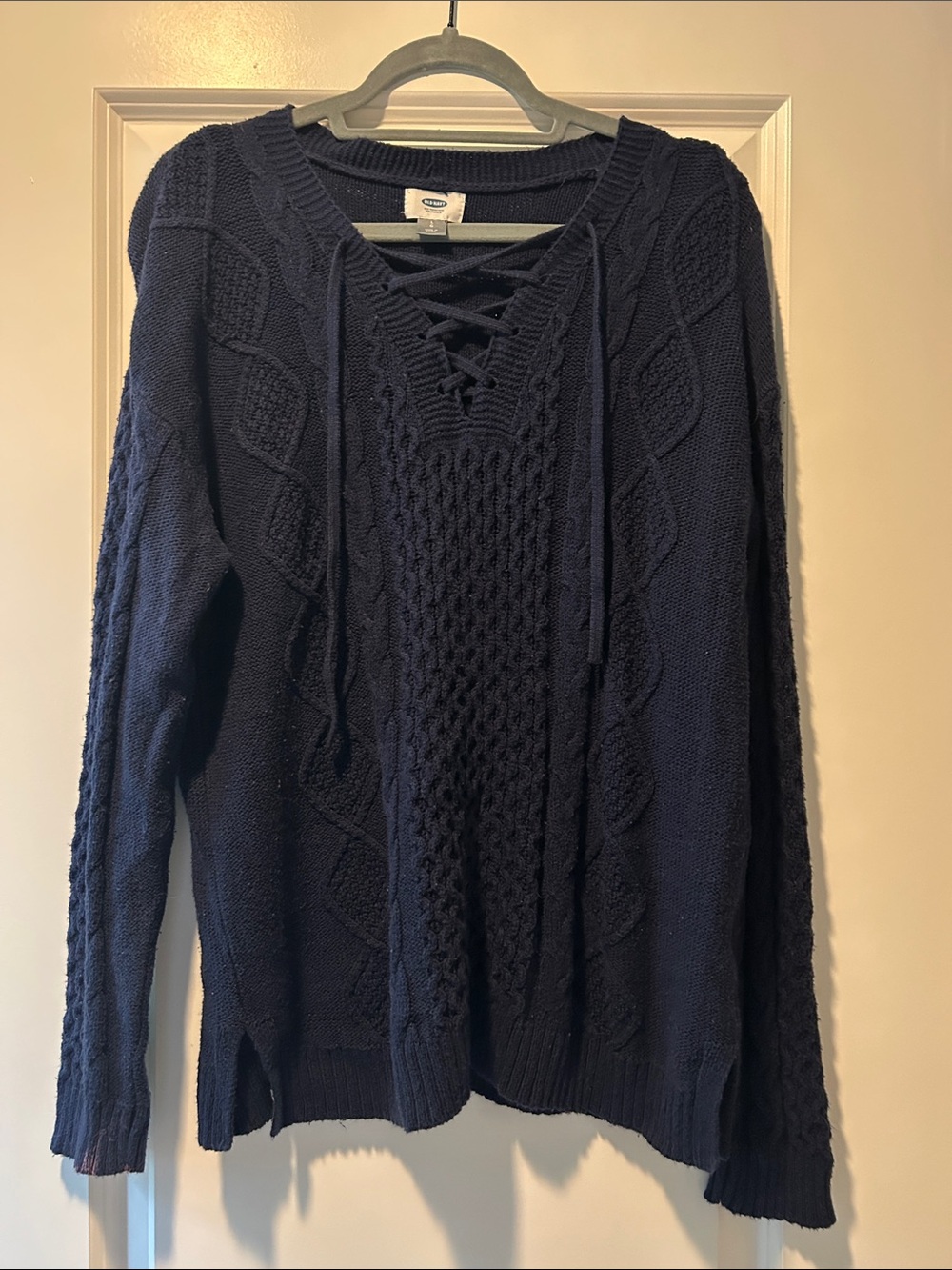 Old Navy Navy Lace-Up V-Neck Cable Knit Sweater